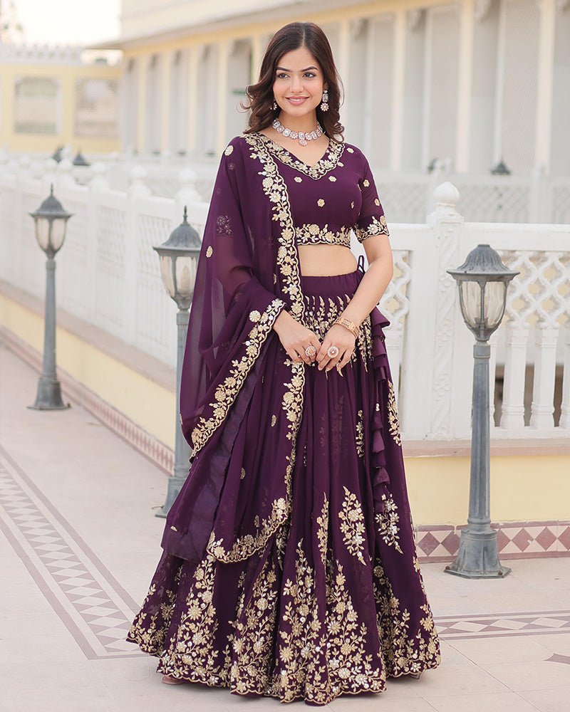 Womenline Deep Violet Color Georgette Sequence Embroidery Lehenga Choli