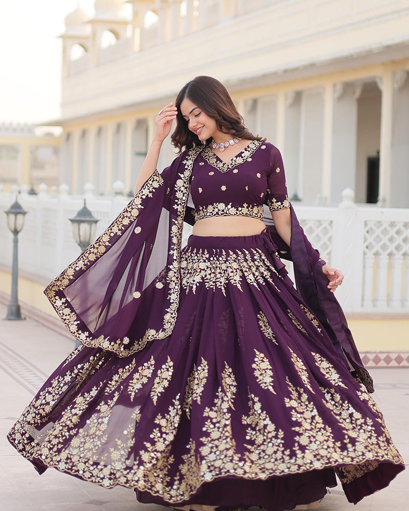 Womenline Deep Violet Color Georgette Sequence Embroidery Lehenga Choli