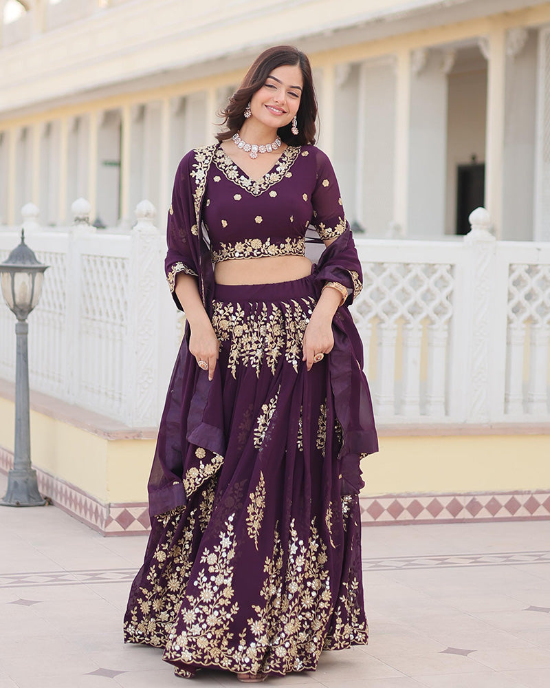 Womenline Deep Violet Color Georgette Sequence Embroidery Lehenga Choli