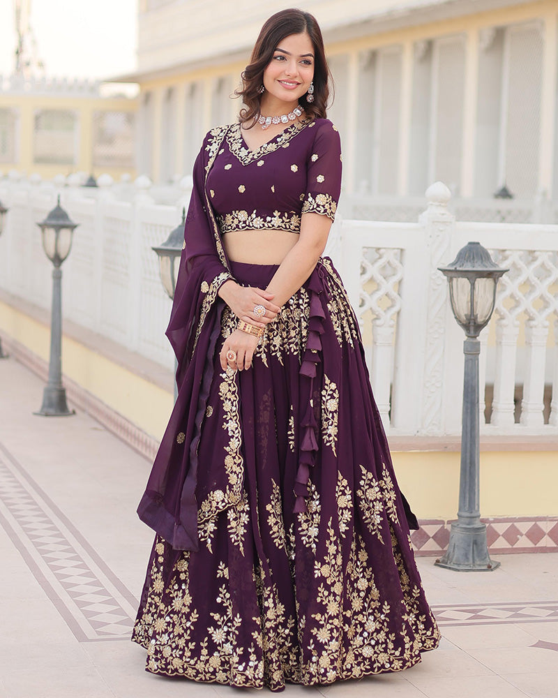 Womenline Deep Violet Color Georgette Sequence Embroidery Lehenga Choli
