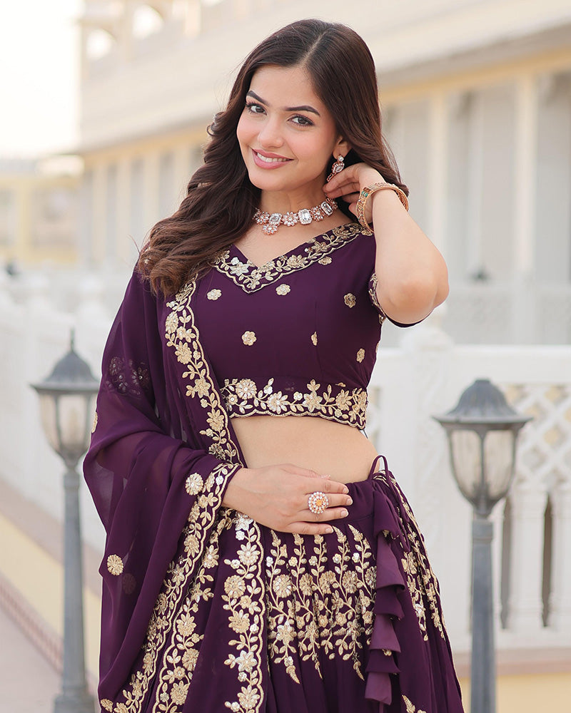 Womenline Deep Violet Color Georgette Sequence Embroidery Lehenga Choli