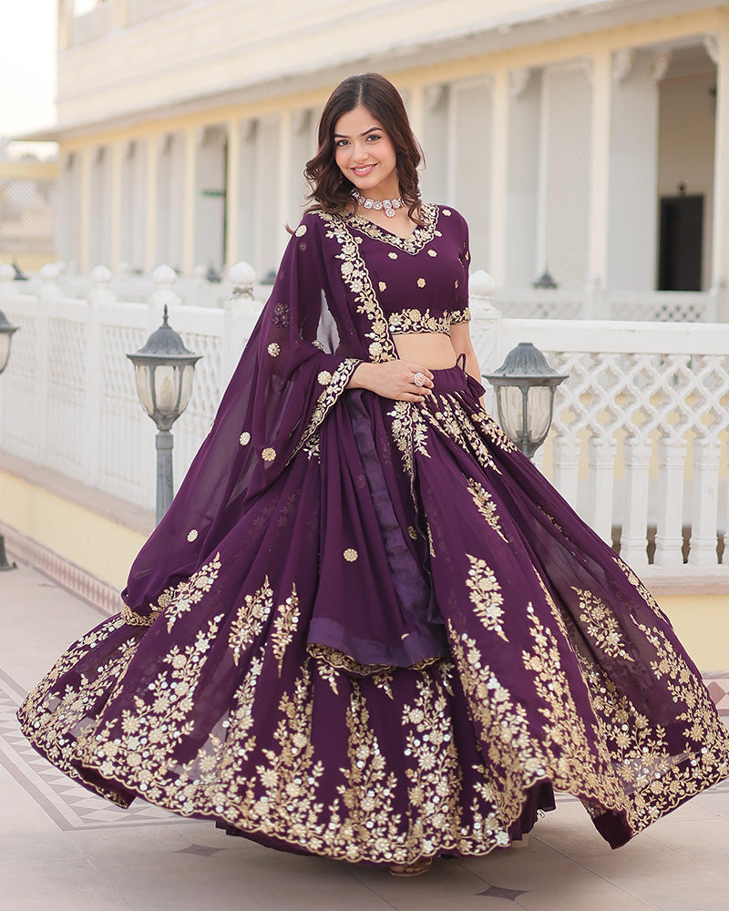 Womenline Deep Violet Color Georgette Sequence Embroidery Lehenga Choli
