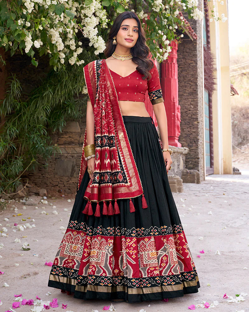 Womenline Designer Patola Printed Black Color Tussar Silk Lehenga Choli