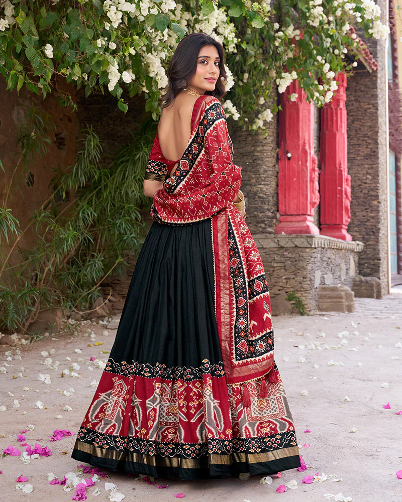 Womenline Designer Patola Printed Black Color Tussar Silk Lehenga Choli
