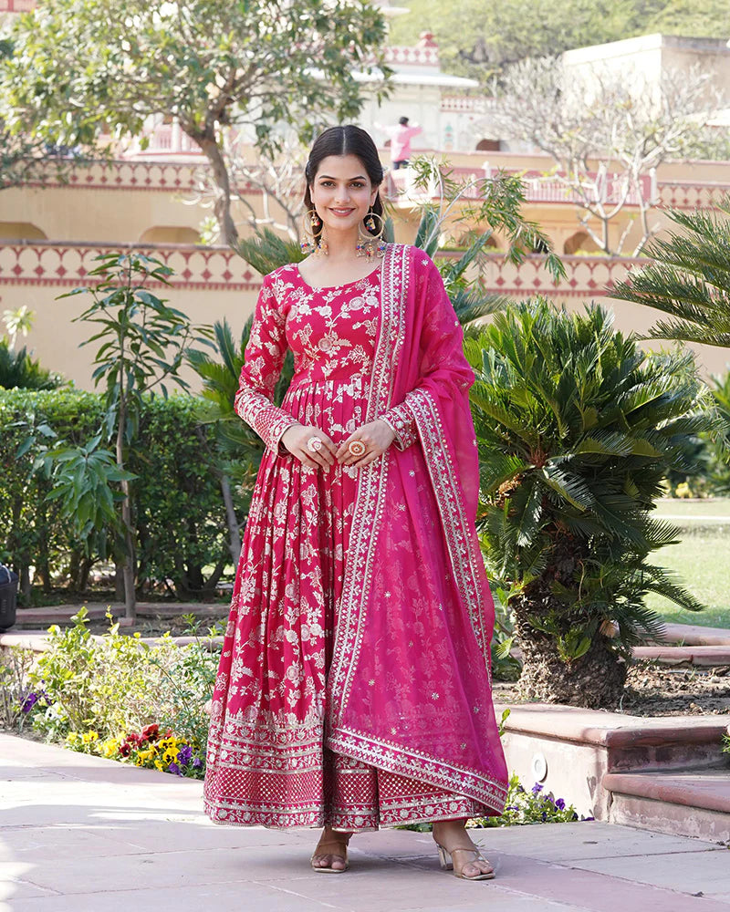 Womenline Designer Pink Color Sequence embroidered Viscose Jacquard Gown With Dupatta