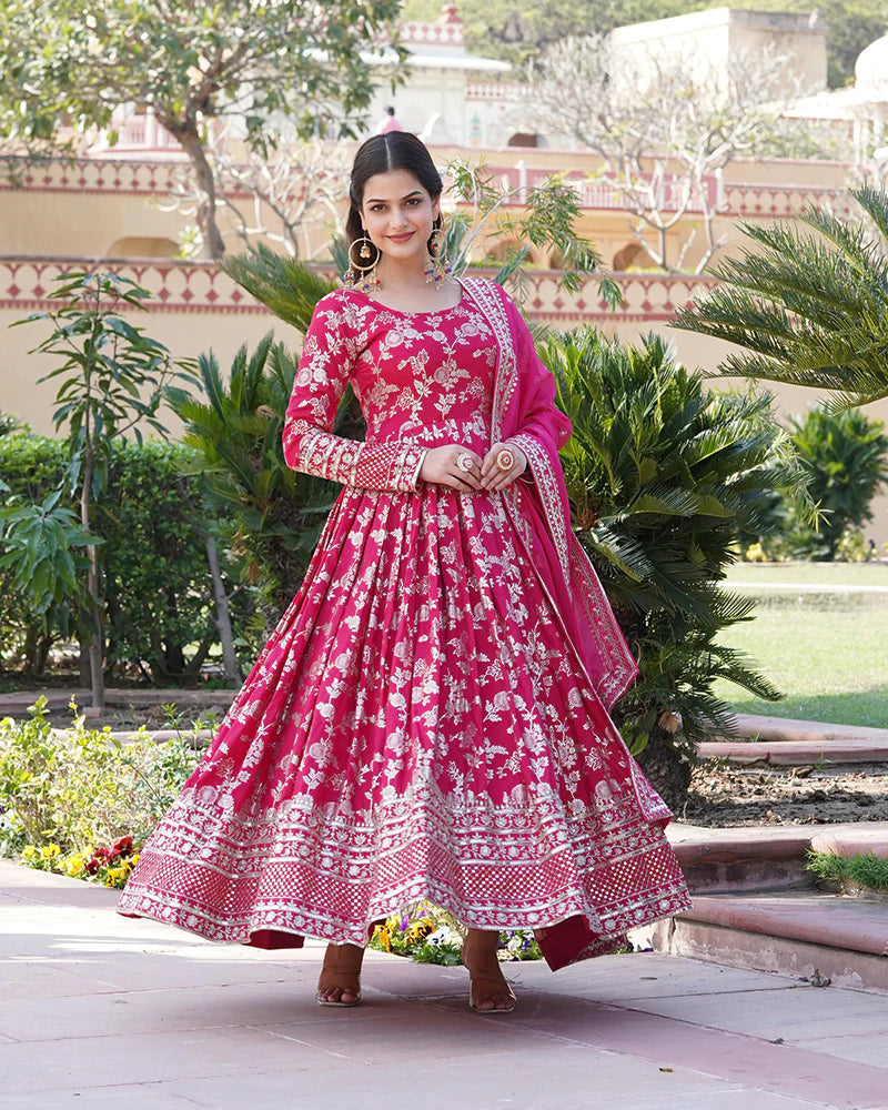 Womenline Designer Pink Color Sequence embroidered Viscose Jacquard Gown With Dupatta