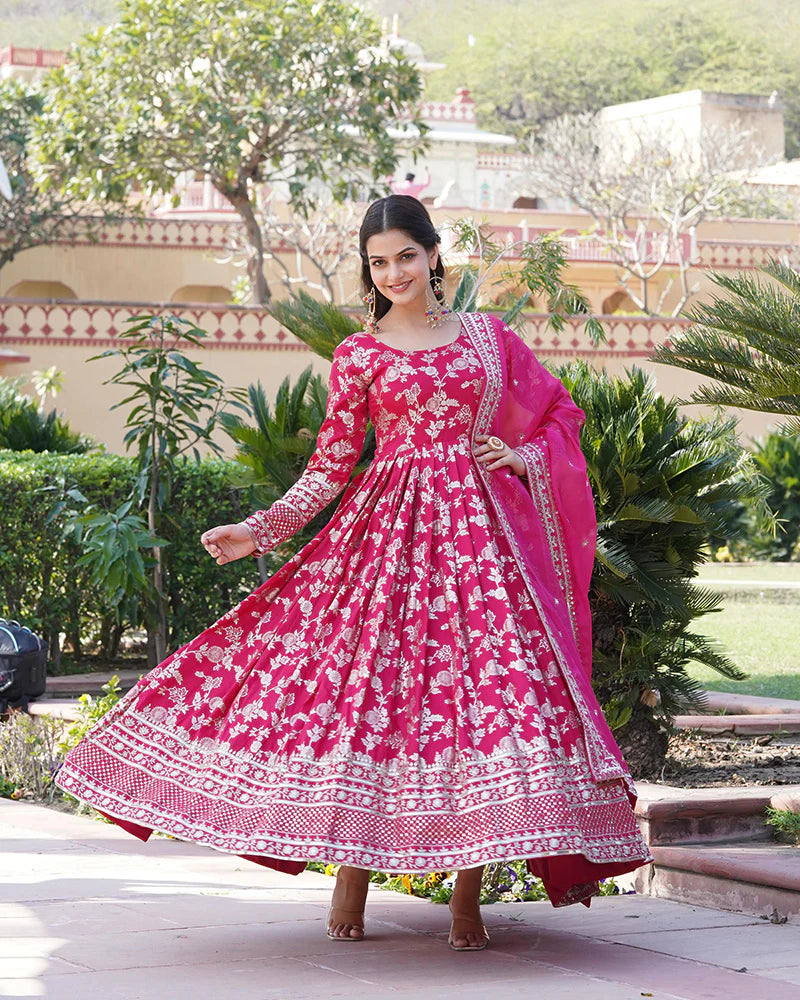 Womenline Designer Pink Color Sequence embroidered Viscose Jacquard Gown With Dupatta