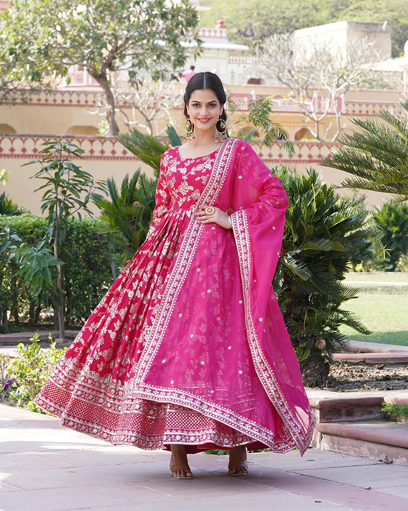 Womenline Designer Pink Color Sequence embroidered Viscose Jacquard Gown With Dupatta
