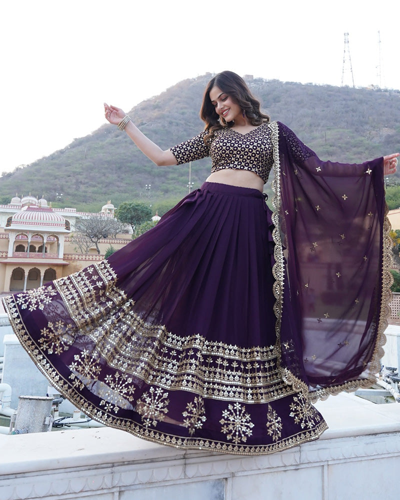 Womenline Designer Sequence Embroidery Work Georgette Lehenga Choli In Wine Color