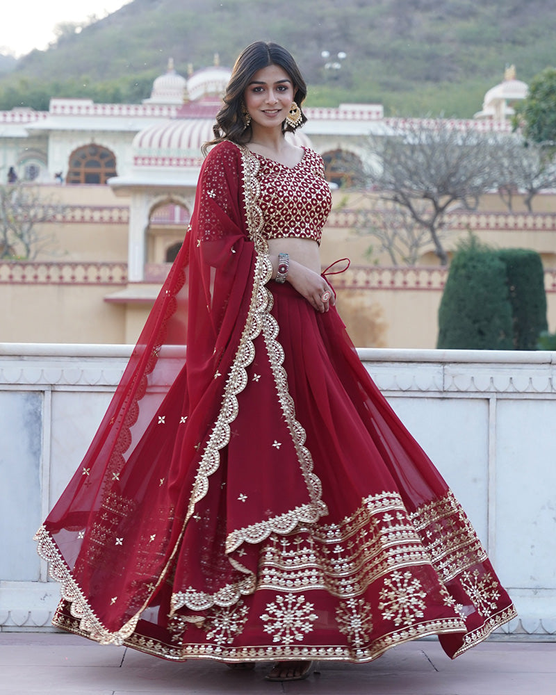 Womenline Designer Sequence Embroidery Work Georgette Lehenga Choli In Maroon Color