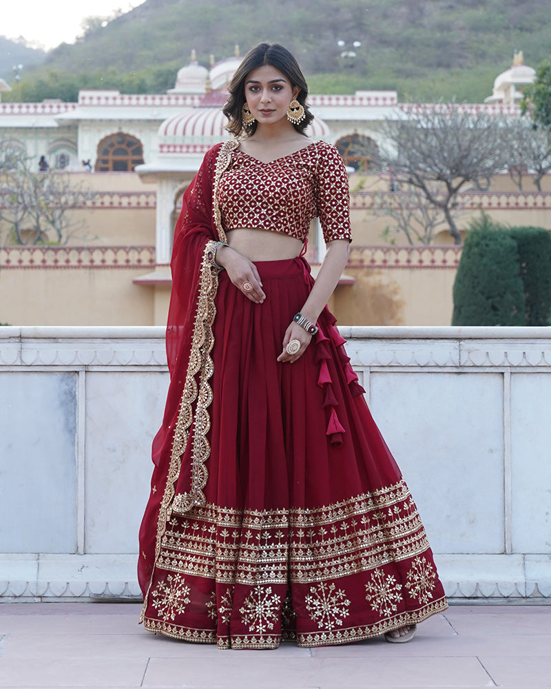 Womenline Designer Sequence Embroidery Work Georgette Lehenga Choli In Maroon Color