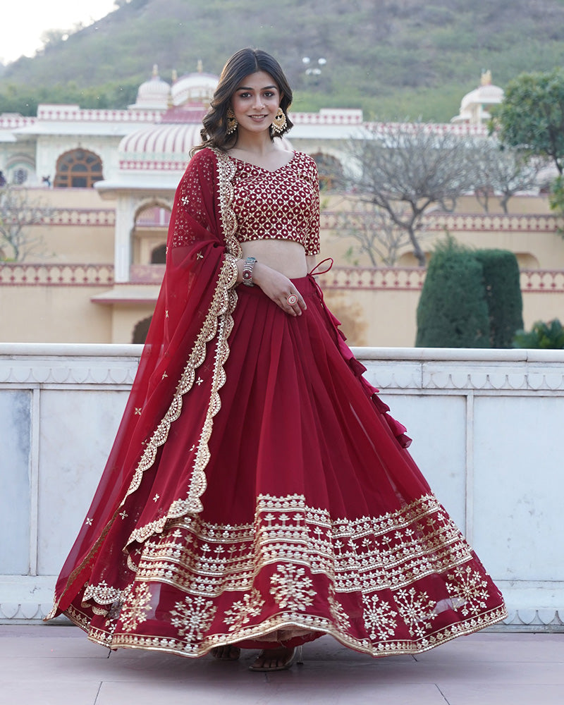 Womenline Designer Sequence Embroidery Work Georgette Lehenga Choli In Maroon Color