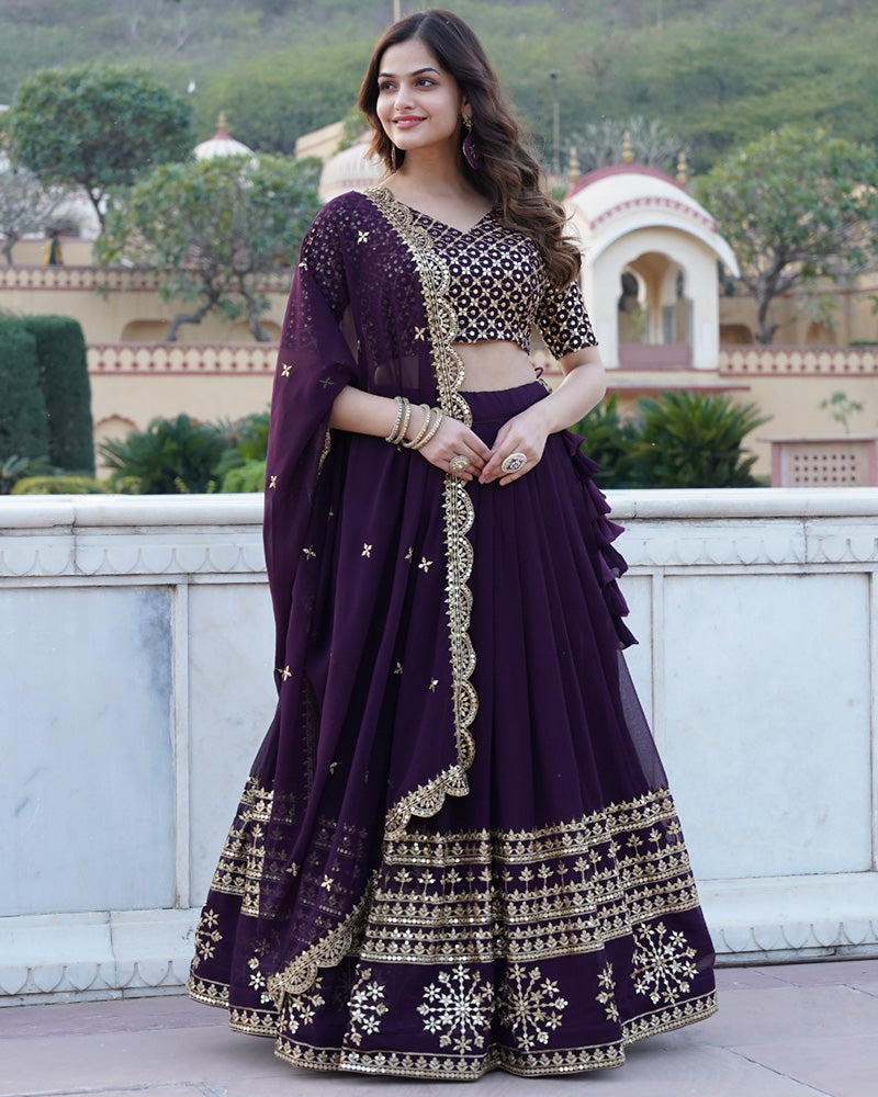Womenline Designer Sequence Embroidery Work Georgette Lehenga Choli In Wine Color