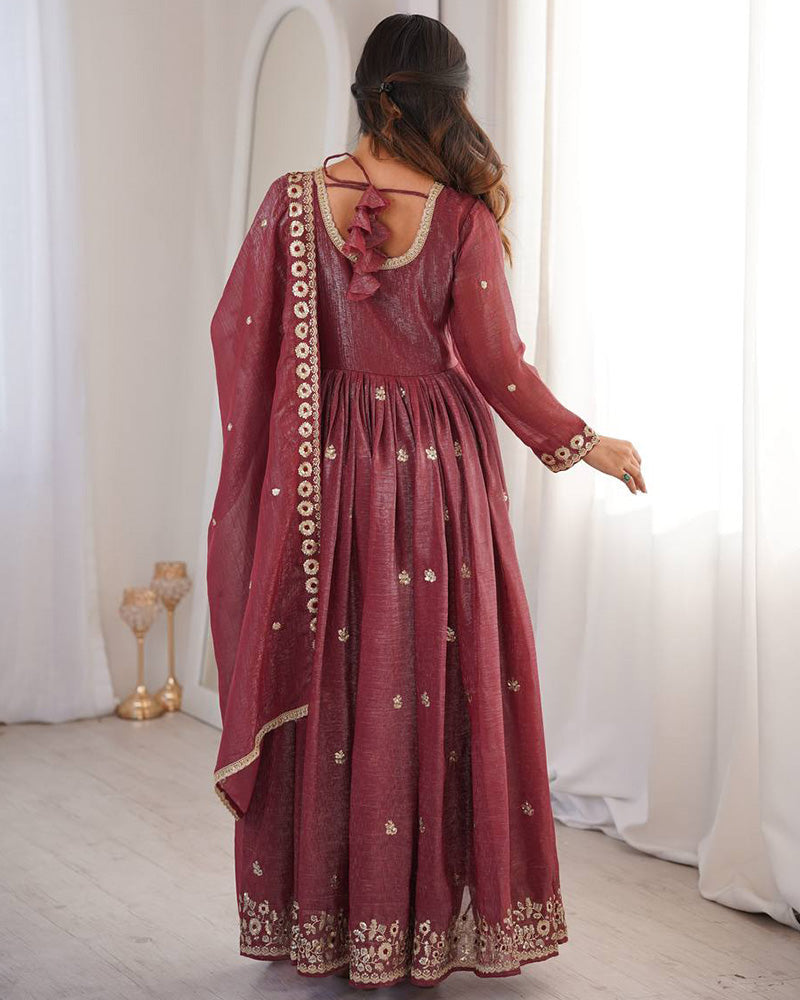 Womenline Dusty Maroon Color Crunchy SilkThree Piece Anarkali Suit