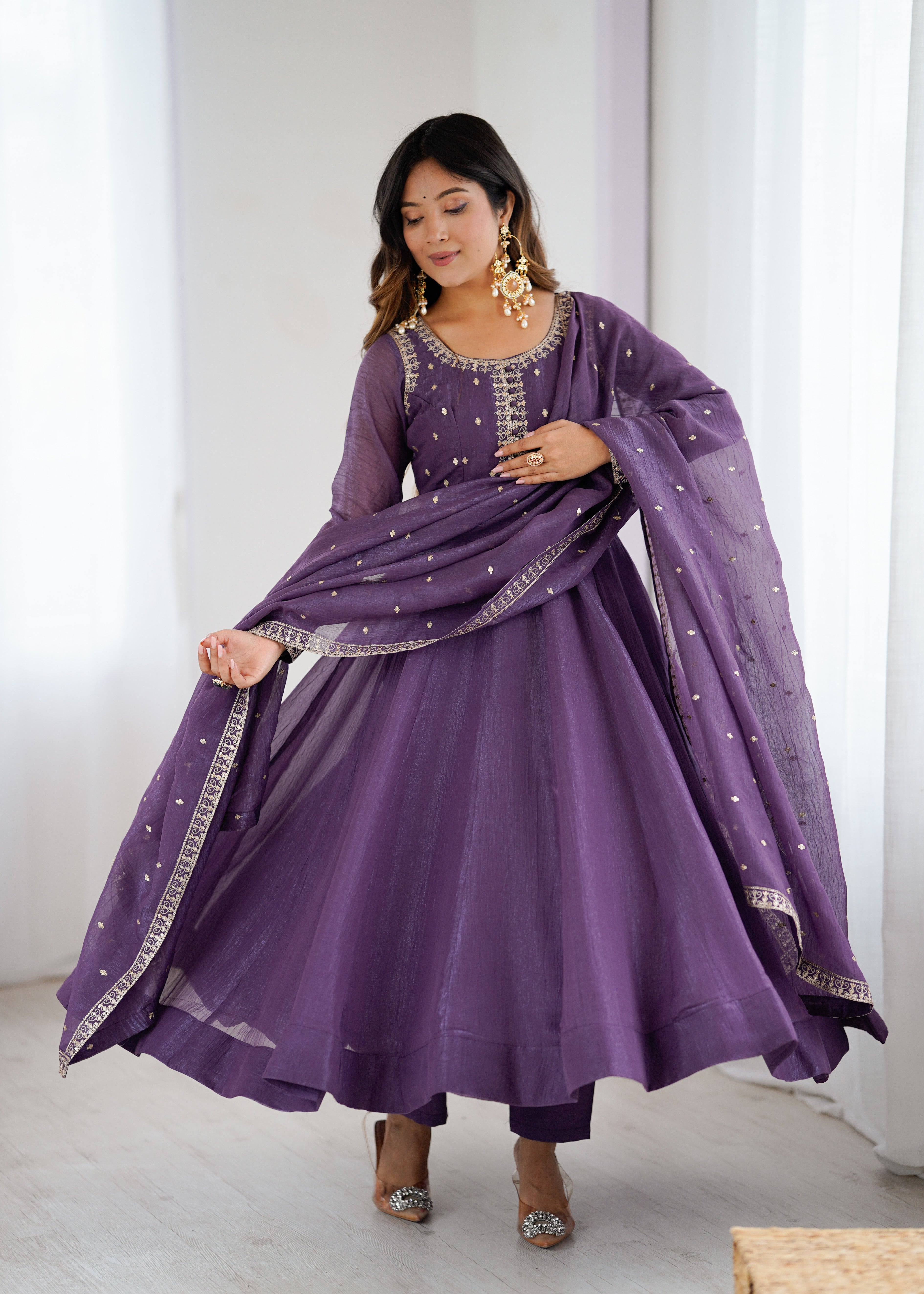 Womenline Dusty Mauve Color Crunchy Silk Three Piece Anarkali Suit