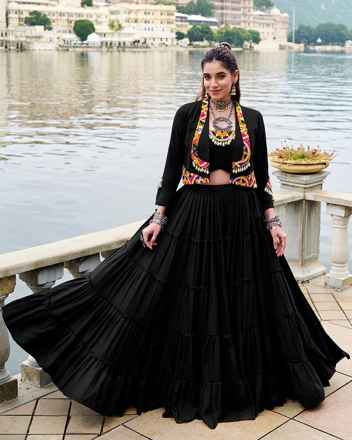 Womenline Elegant Black Color Pure Rayon Navratri Lehenga Choli