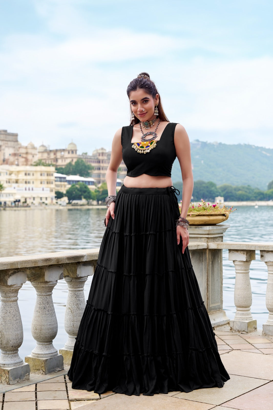 Womenline Elegant Black Color Pure Rayon Navratri Lehenga Choli