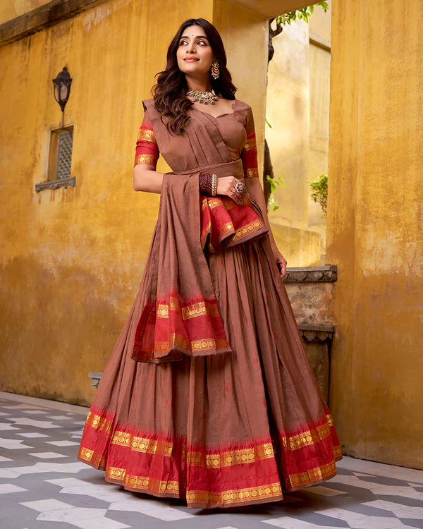 Womenline Elegant Brown Pure Chanderi Half Saree With Zari Weaving
