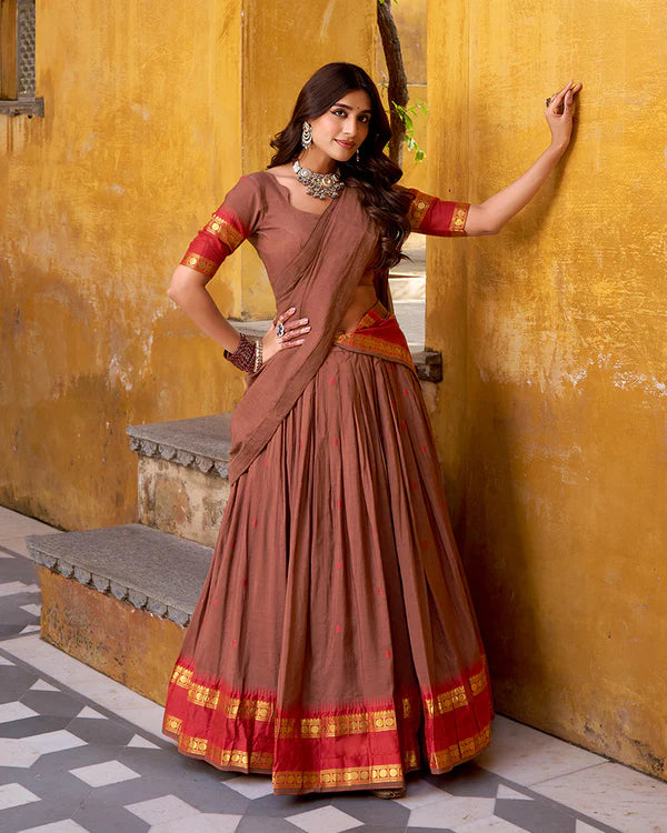 Womenline Elegant Brown Pure Chanderi Half Saree With Zari Weaving