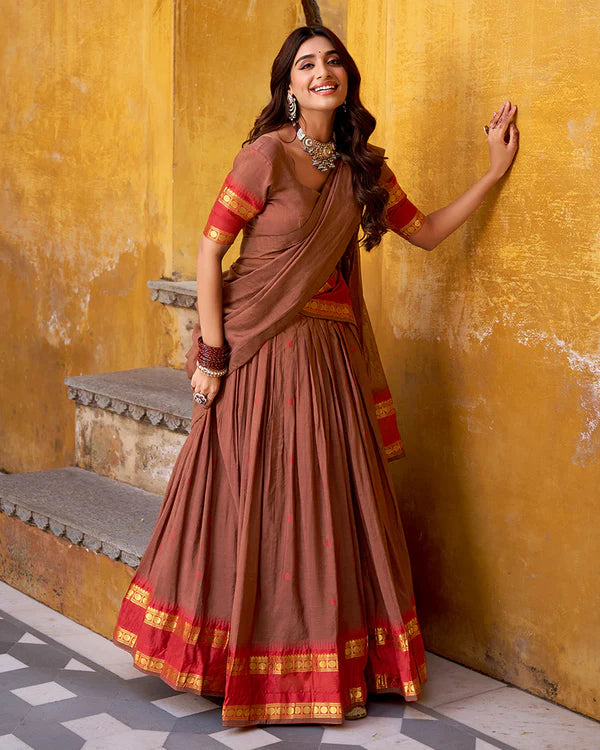 Womenline Elegant Brown Pure Chanderi Half Saree With Zari Weaving