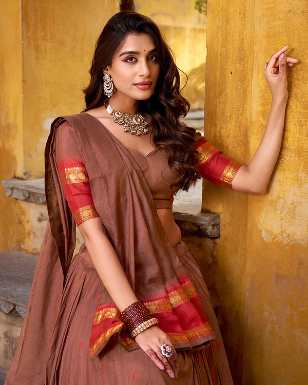 Womenline Elegant Brown Pure Chanderi Half Saree With Zari Weaving