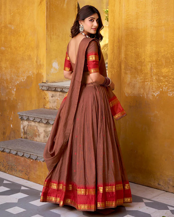 Womenline Elegant Brown Pure Chanderi Half Saree With Zari Weaving