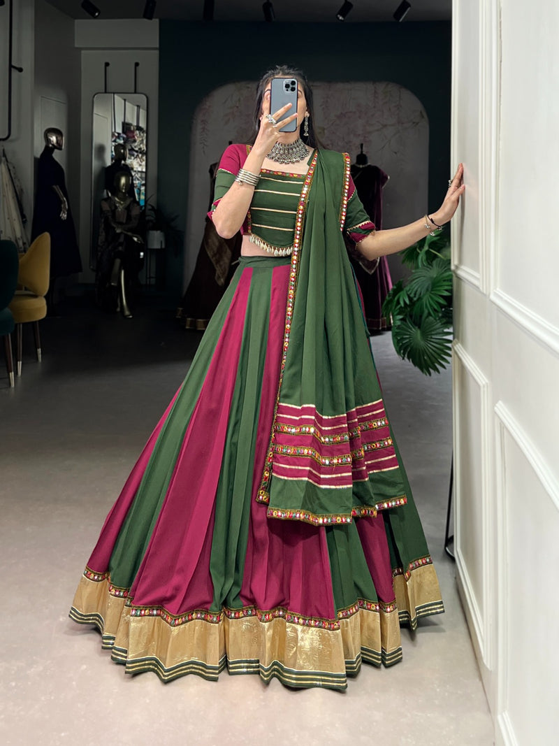 Womenline Elegant Dual-Tone Green and Magenta Navtratri Lehenga Choli