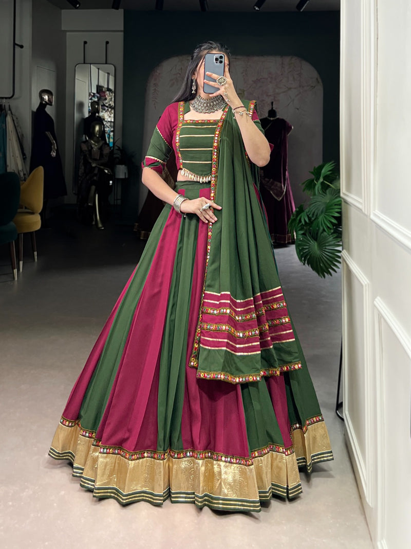 Womenline Elegant Dual-Tone Green and Magenta Navtratri Lehenga Choli
