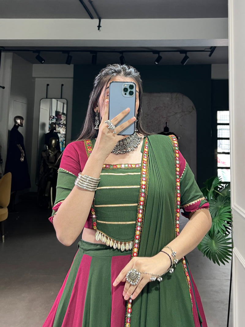 Womenline Elegant Dual-Tone Green and Magenta Navtratri Lehenga Choli