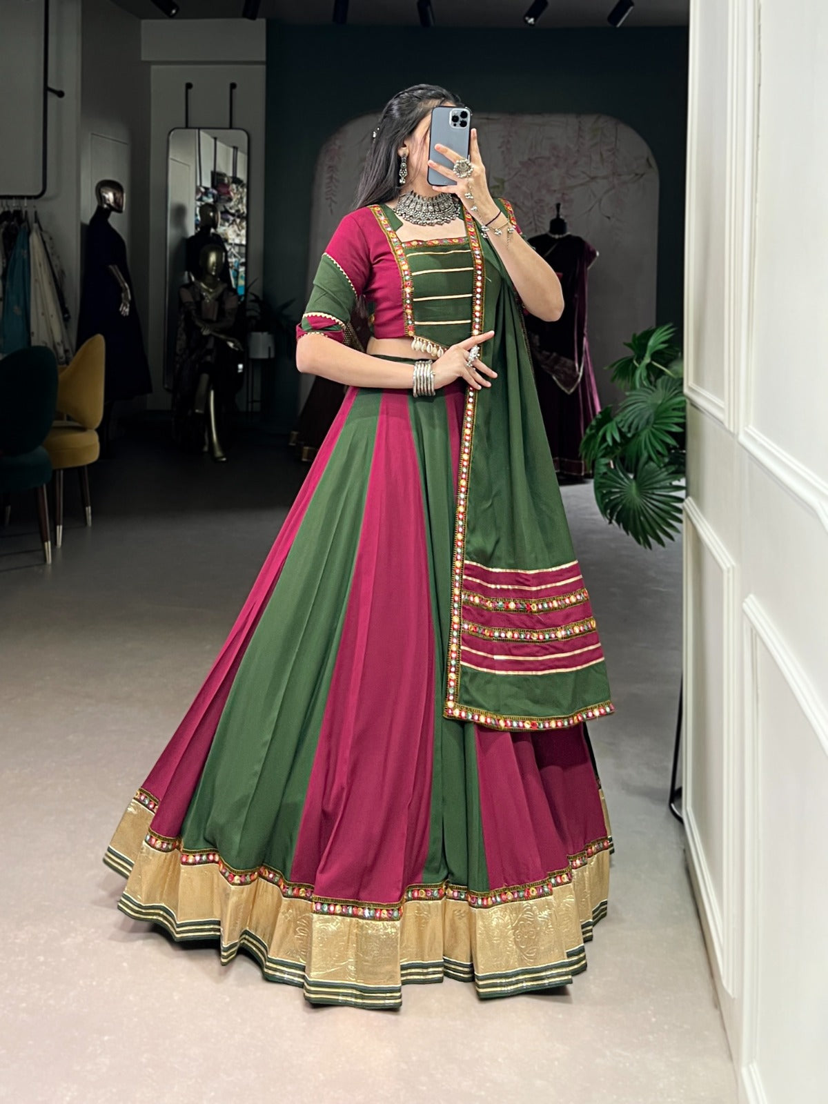 Womenline Elegant Dual-Tone Green and Magenta Navtratri Lehenga Choli