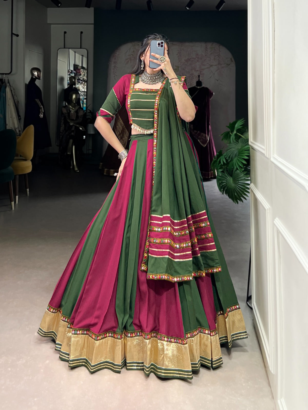 Womenline Elegant Dual-Tone Green and Magenta Navtratri Lehenga Choli