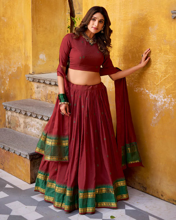 Womenline Elegant Maroon Chanderi cotton half saree lehenga choli