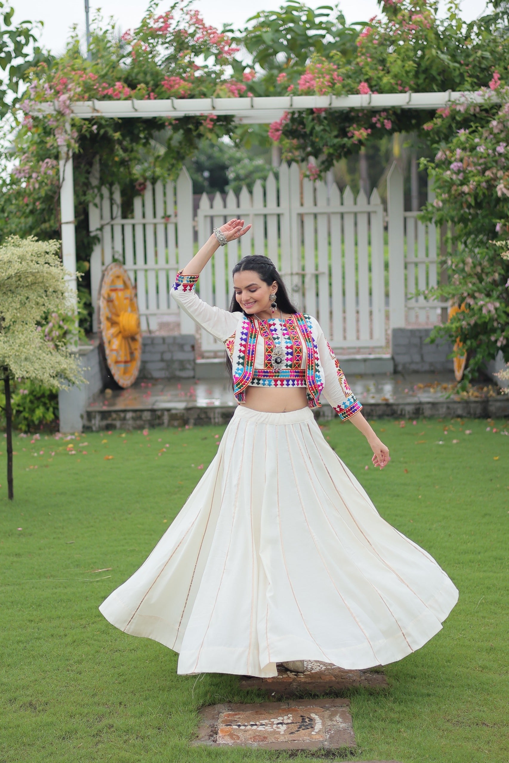 Womenline Elegant Off-White Mirror Work Navratri Lehenga With Jacket Style Blouse