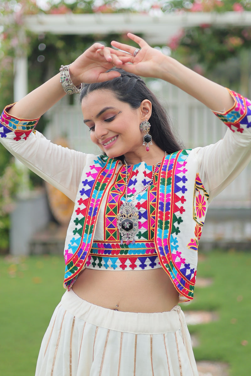 Womenline Elegant Off-White Mirror Work Navratri Lehenga With Jacket Style Blouse