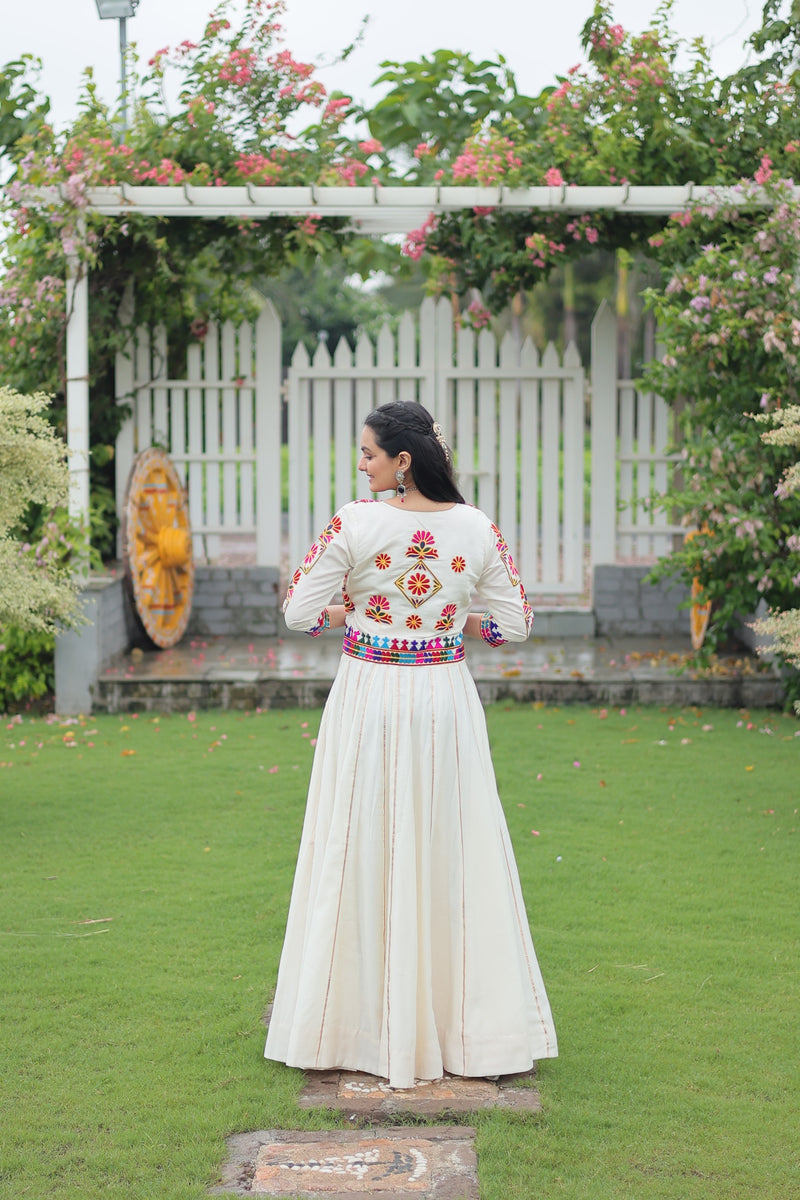 Womenline Elegant Off-White Mirror Work Navratri Lehenga With Jacket Style Blouse