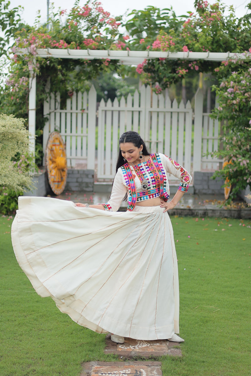 Womenline Elegant Off-White Mirror Work Navratri Lehenga With Jacket Style Blouse