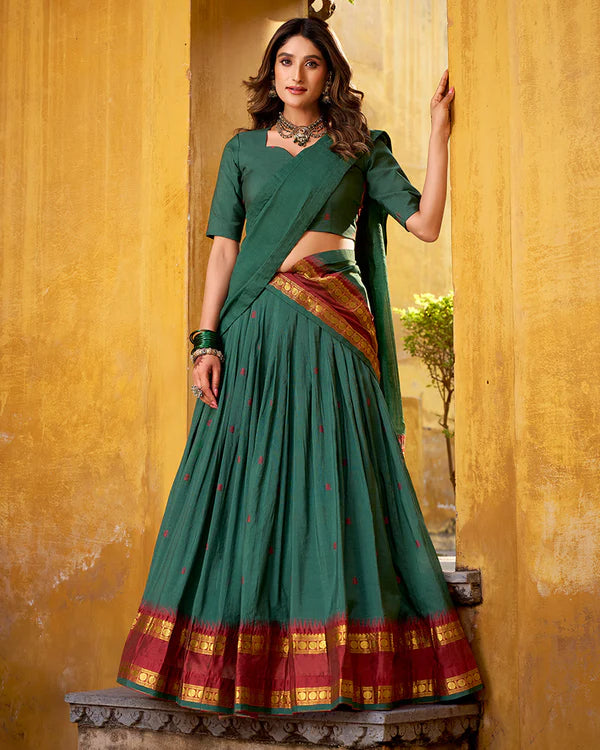 Womenline Elegant Teal Green Pure Chanderi Half Saree With Zari Weaving