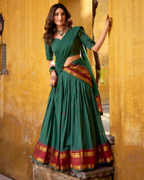 Womenline Elegant Teal Green Pure Chanderi Half Saree With Zari Weaving