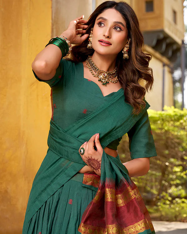 Womenline Elegant Teal Green Pure Chanderi Half Saree With Zari Weaving