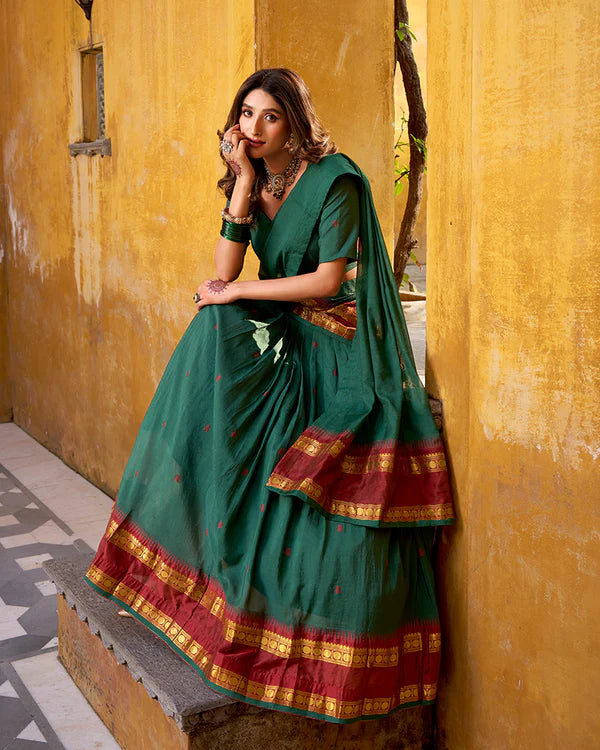 Womenline Elegant Teal Green Pure Chanderi Half Saree With Zari Weaving