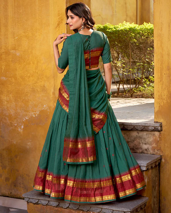 Womenline Elegant Teal Green Pure Chanderi Half Saree With Zari Weaving