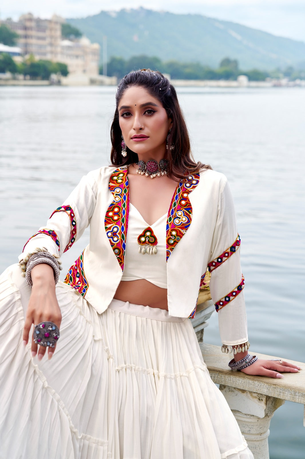 Womenline Elegant White Color Pure Rayon Navratri Lehenga Choli