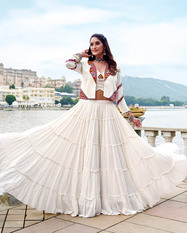 Womenline Elegant White Color Pure Rayon Navratri Lehenga Choli