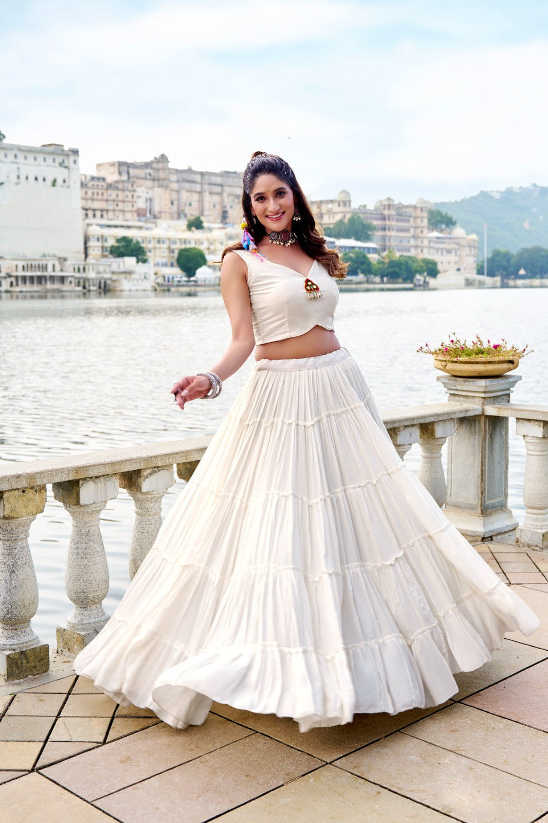 Womenline Elegant White Color Pure Rayon Navratri Lehenga Choli
