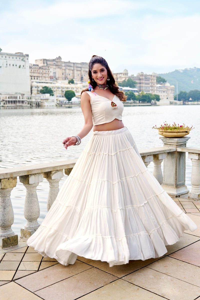 Womenline Elegant White Color Pure Rayon Navratri Lehenga Choli