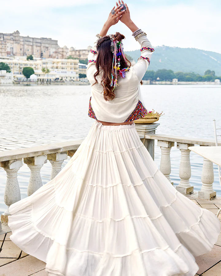 Womenline Elegant White Color Pure Rayon Navratri Lehenga Choli