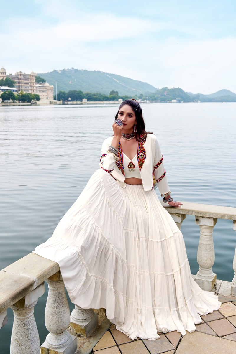 Womenline Elegant White Color Pure Rayon Navratri Lehenga Choli