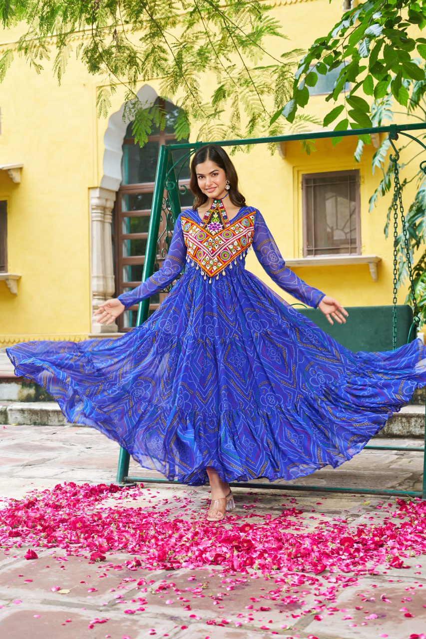 Womenline Festive Blue Ethnic Gown With Colorful Mirror Work