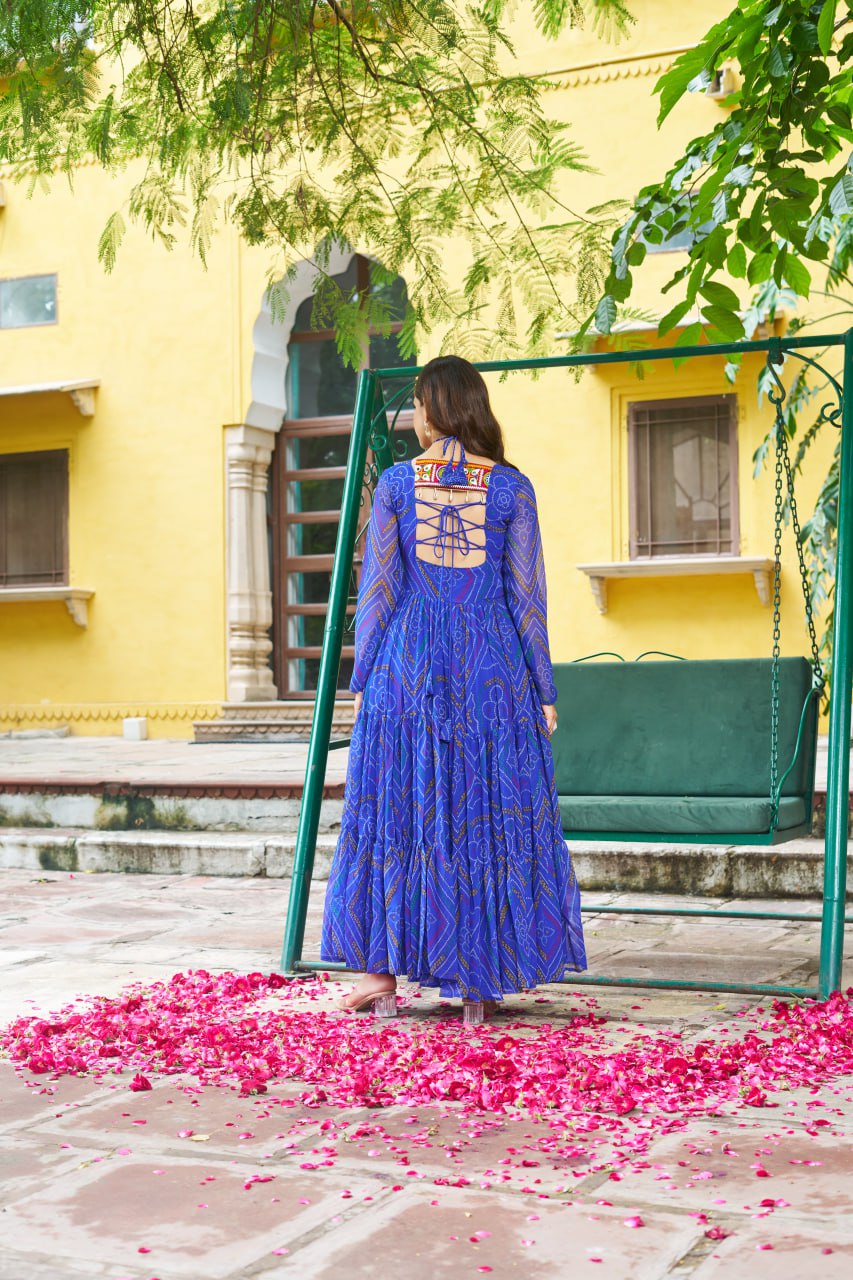 Womenline Festive Blue Ethnic Gown With Colorful Mirror Work