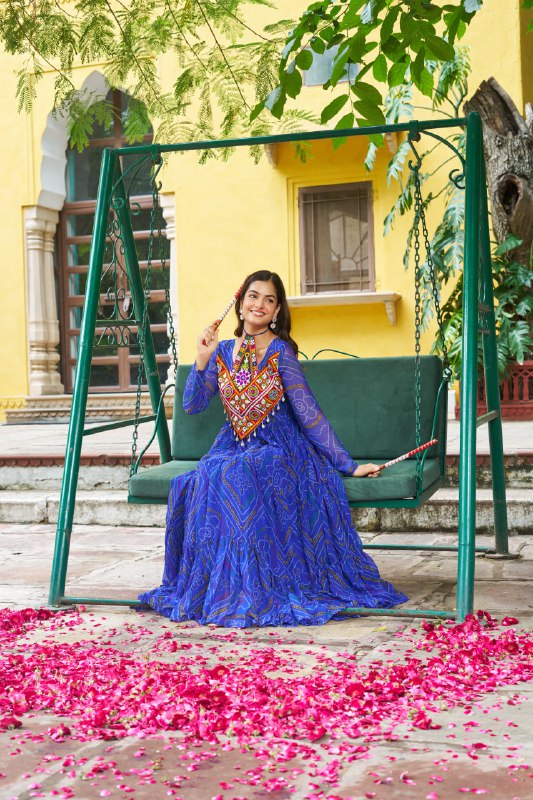 Womenline Festive Blue Ethnic Gown With Colorful Mirror Work